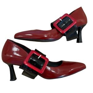 Girotti Burgundy Hand Crafted Luxury Leather Block Heels Strap Buckle 40 / 9.5